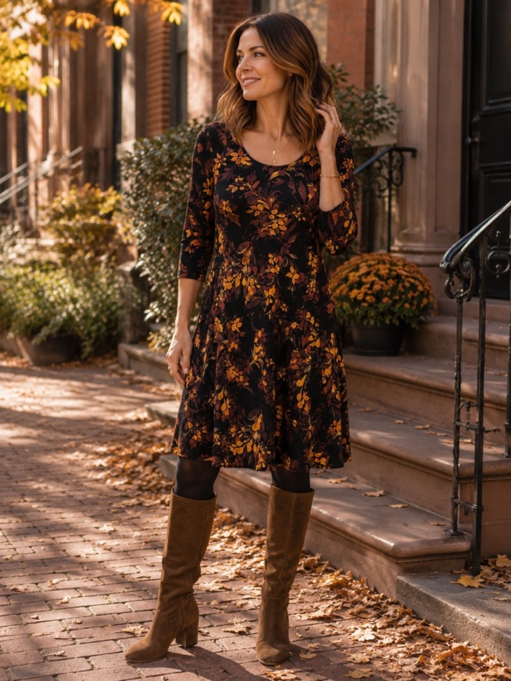 Garnet Hill Black Rust Floral Jersey Knit A-Line Swing Fall Dress Women’s L
